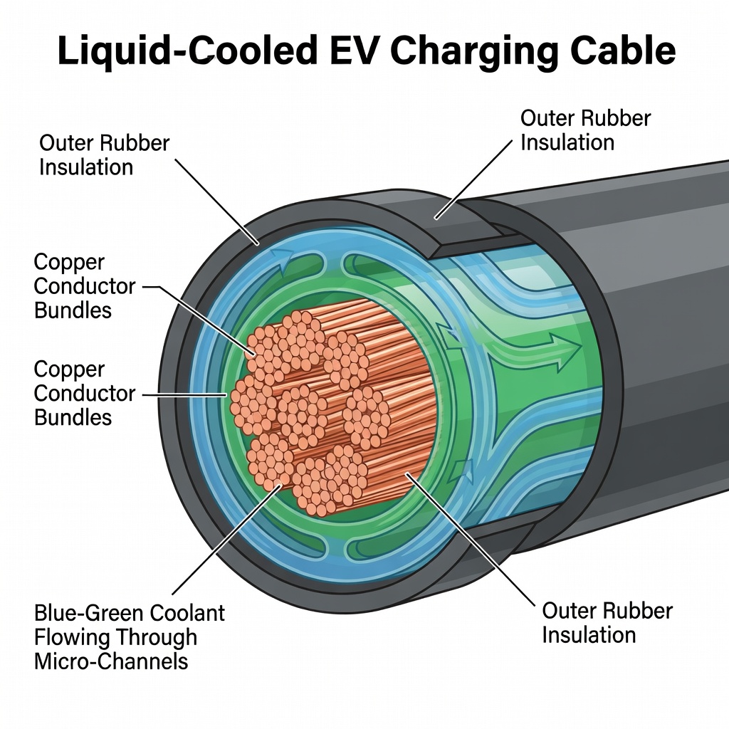 Technical cross-section diagram of liquid-cooled EV charging cable showing coolant micro-channels and copper conductors